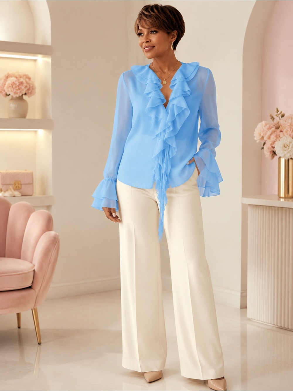Elegant Women’s Light Blue Ruffle Bell Sleeve Semi-Sheer Blouse Large XL